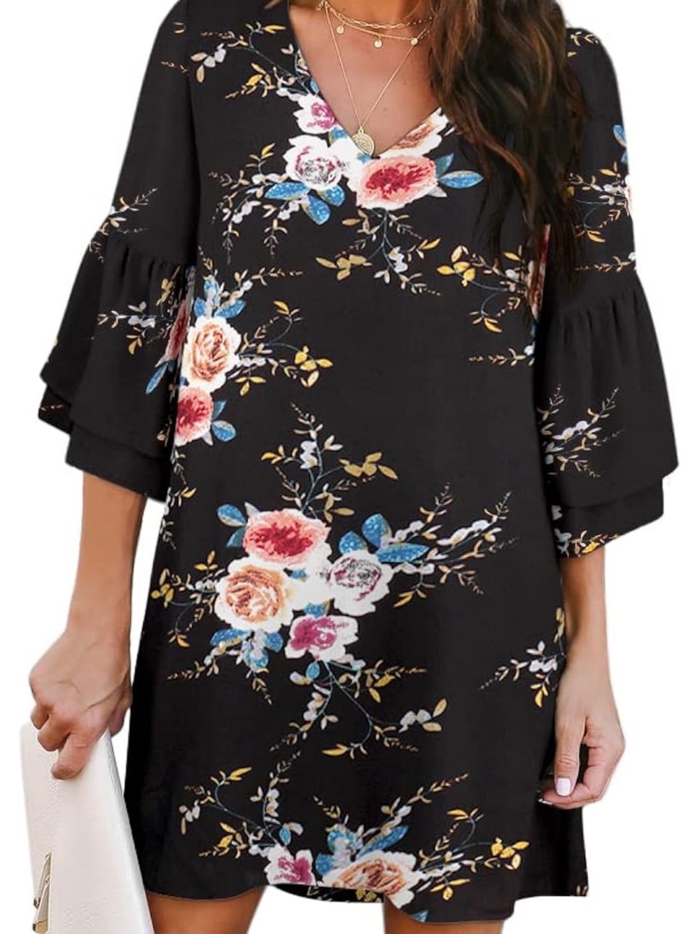 Belongsci - Women's Black Floral Midi Dress with Ruffle Sleeves